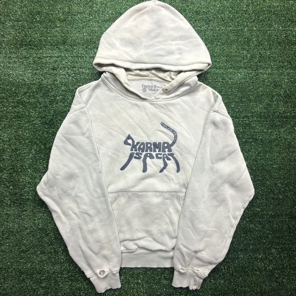 Taylor Swift Midnights Karma Is A Cat‎ Hoodie Beige Distressed Mens XS
